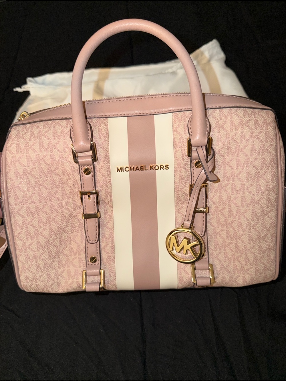 Michael Kors Pink and Cream Stripe Satchel with Gold Hardware